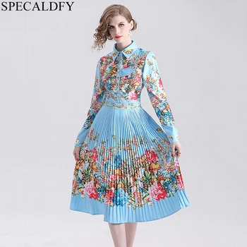 

Floral Print Runway Dresses 2020 Women High Quality Fashion Vintage Pleated Dress Long Sleeve Spring Autumn Dress Robe Femme