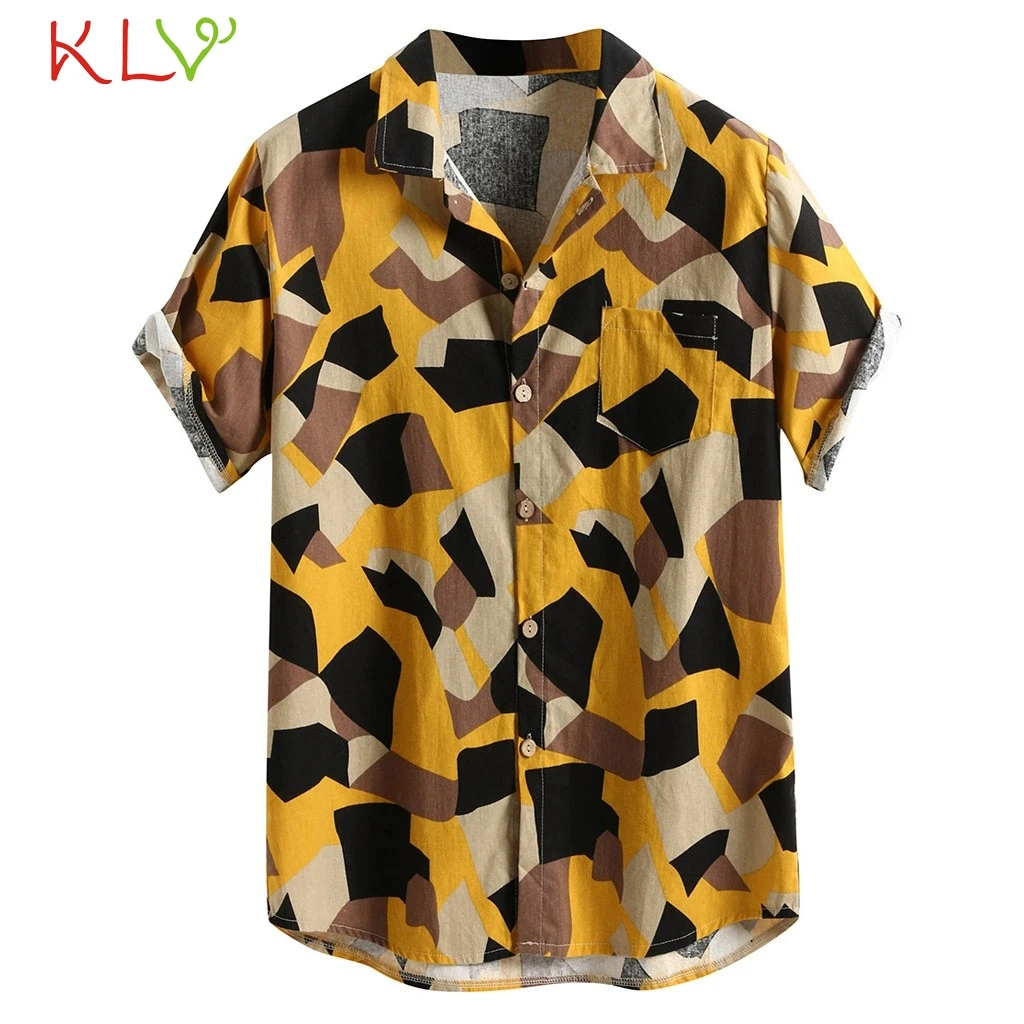 

Blouse Shirt Men Linen Summer Hawaiian Print V Neck Top Short Sleeve 2019 Casual Harajuku Camisa Hombre Streetwear Clothes 19Jun