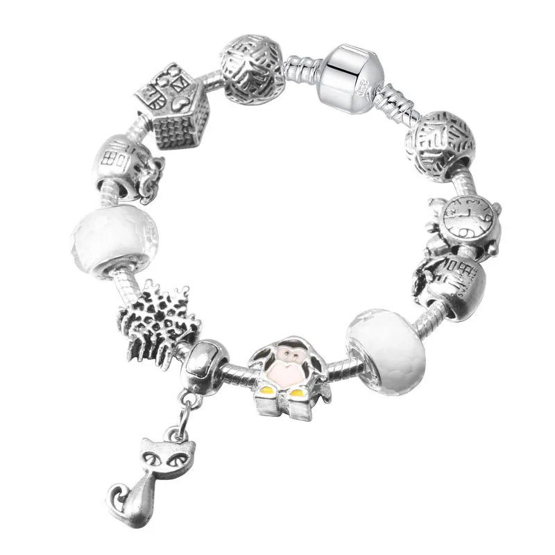 JUNESNOW2017 New Arrival Silver Color Lovely Cat Pink Crystal Beads Charms Bracelets For Women DIY Jewelry Brand Bracelet Z054 | Украшения