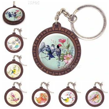 

Bird Jewelry Blue Bird and Pink Flowers Glass Cabochon Keychain Wooden Keys Pendant Fashion Accessories for Women Lovers Gift