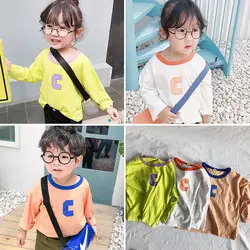 Осень 2019, новая детская хлопковая футболка с длинными рукавами и воротником Мягкая Повседневная футболка с буквенным принтом для