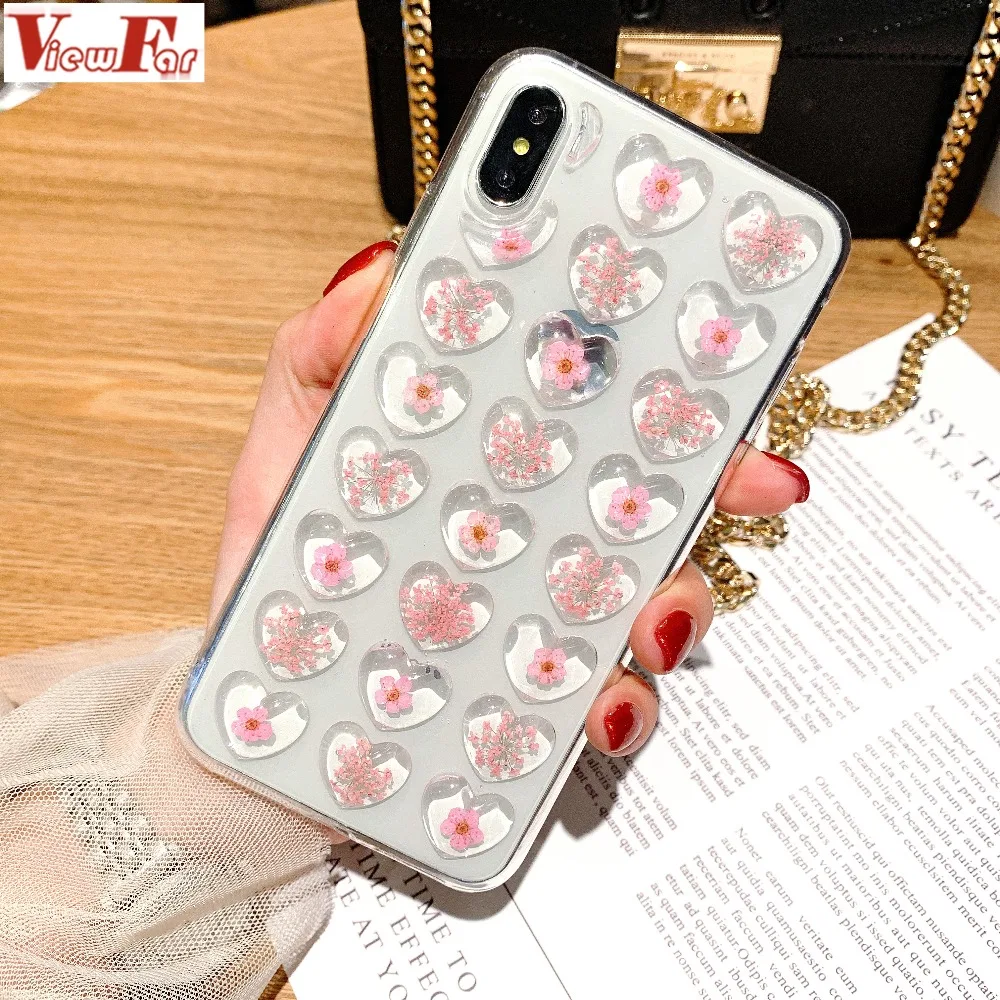 

Viewfar 3D Heart Real Dry Flower Transparent Soft Case For Apple iphone 6 7 8 Plus X XR XS Max Cover 6P 7plus 8plus XsMax Cases