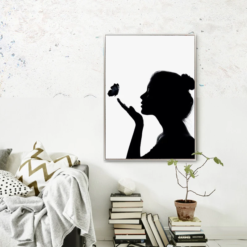 

Black White Silhouette of Girl Canvas Art Print Poster, Wall Art Picture for Living Room Decoration, Home Decor Painting