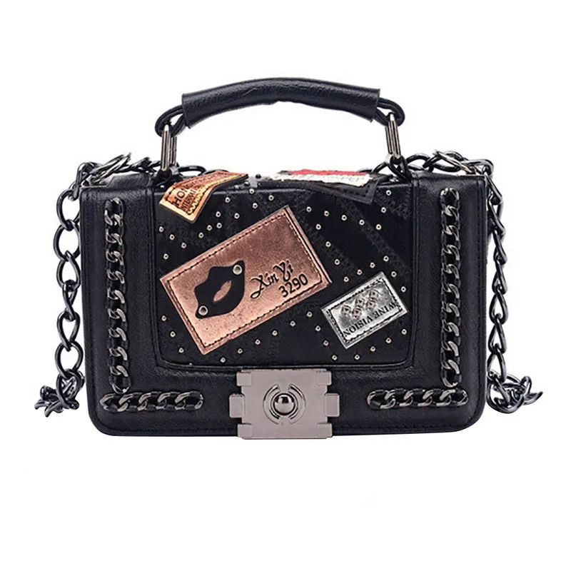 Women PU Leather Handbag Messenger Embroidery Rivets Lock Bags Tide National Wind Small Square Bag
