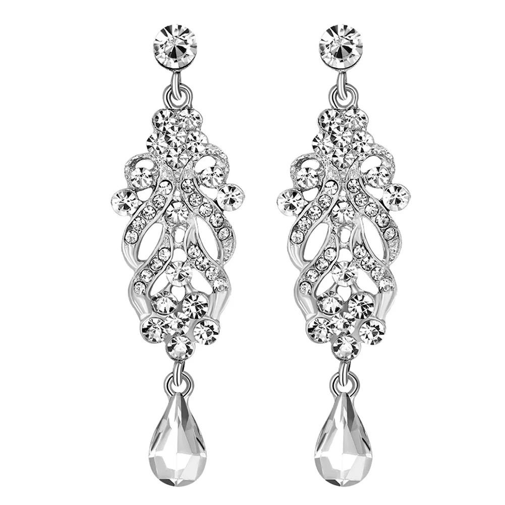 

Fashion Elegant Original Silver Color Crystal Wedding Long Earrings Floral Shape Chandelier Earrings For Women Brides Bridesmaid