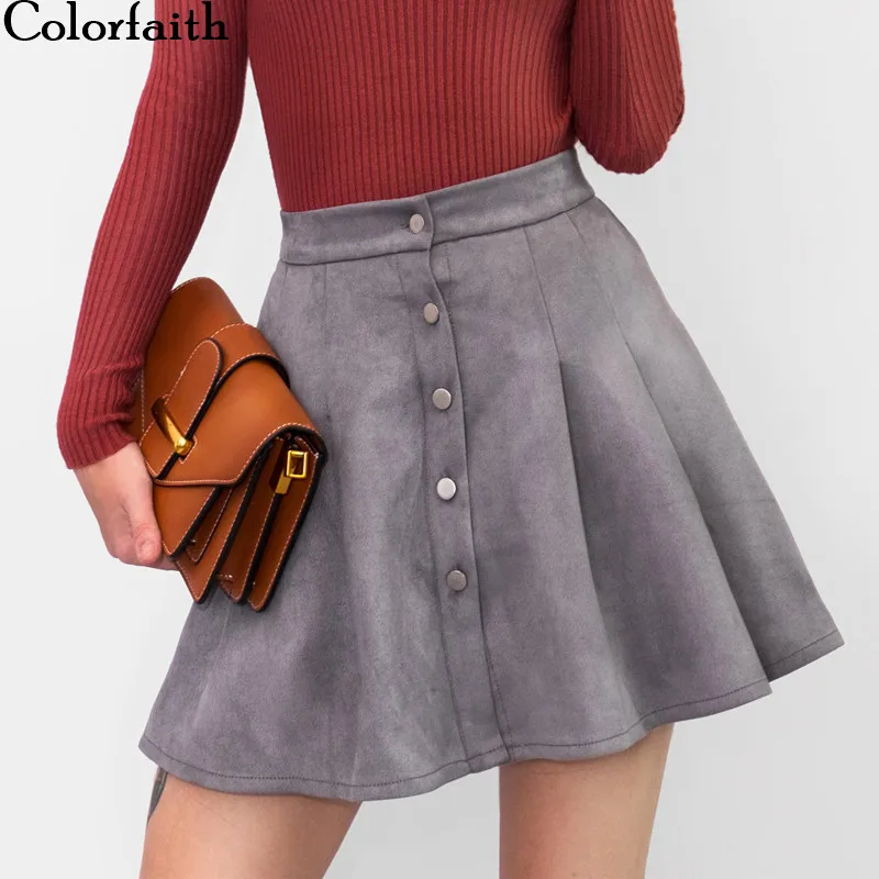 Colorfaith, Женская разноцветная замшевая мини-юбка трапециевидной формы, осенне-зимняя юбка с пуговицами для девочек, Женская юбка с высокой талией SK5550