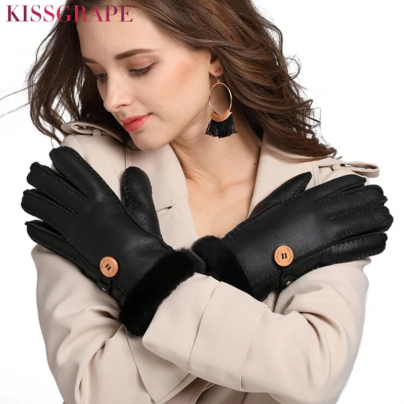 Fur Leather Winter Warm Gloves Sheepskin Leather Gloves Women New