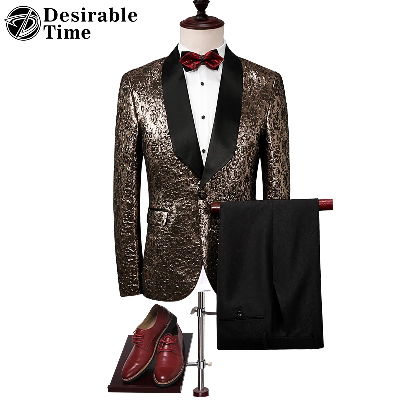 Black Lapel Gold Tuxedo Suit Men Fashion Brand Clothing Slim Fit Mens