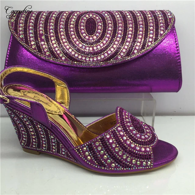 Excelente Tacón de Cuña sandalias Moda Africana moradas zapatos con monedero bolsa set con diamantes de imitación señora GY27, altura del talón 8cm _ - AliExpress Mobile