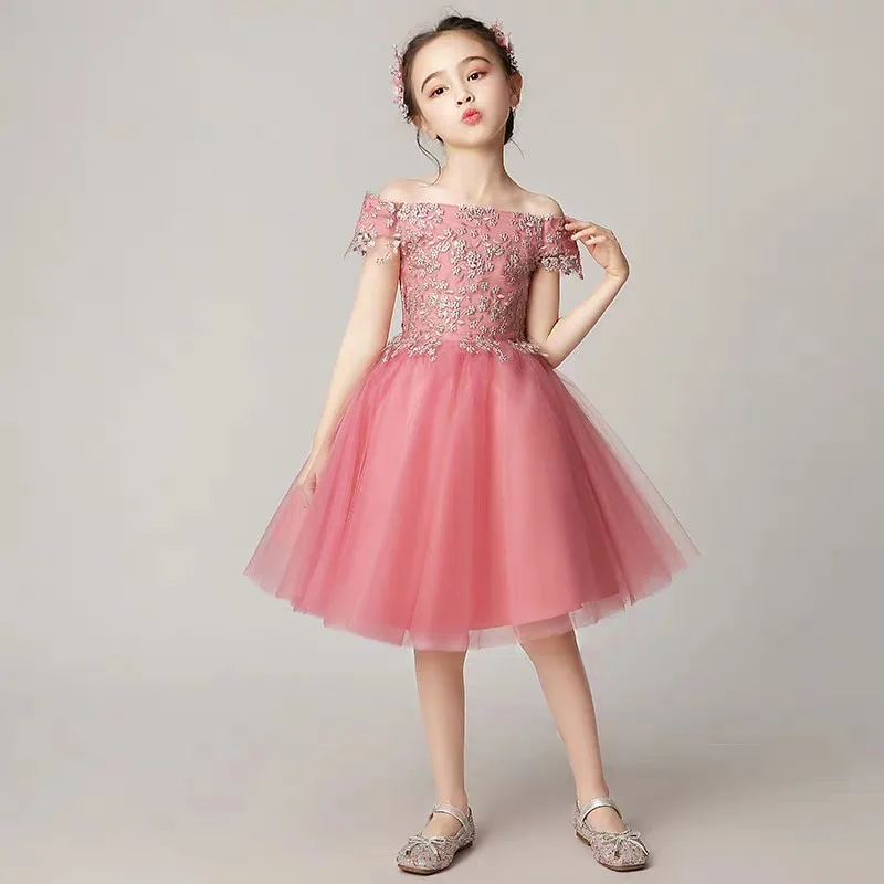 

2019Summer Elegant Baby Toddler Shoulderless Birthday Wedding Party Princess Short Dress Kids Infant Host Performance Mesh Dress
