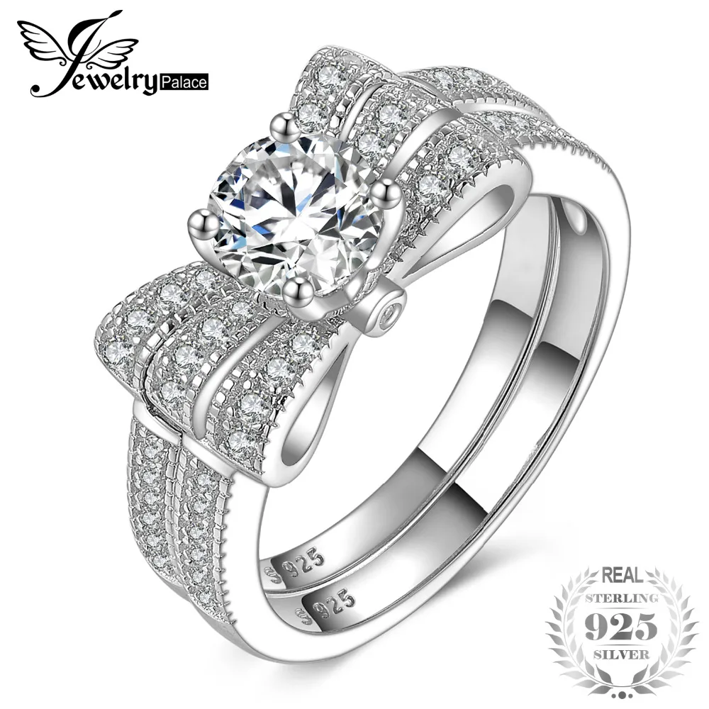 

JewelryPalace Round 1ct Cubic Zirconia Ribbon Bowknot Engagement Wedding Ring Sets 925 Sterling Silver Rings For Women Jewelry