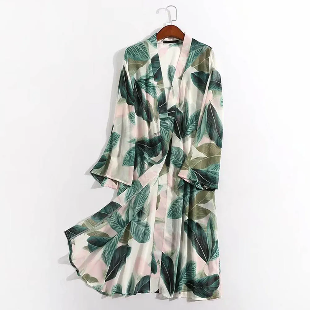 

FIRSTTO Big Size Vintage Ethnic Leaves Floral Print Long Kimono Cardigan Blouse Shirt Fashion Women Mid Long Tops Blusas 2 Color