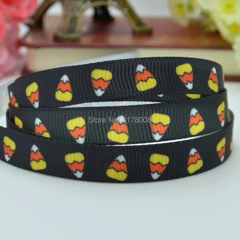 DUWES 3/8&quot 9mmHalloween chevron zig zag stripe candy corn Printed grosgrain ribbon hairbow DIY handmade clothing 50yards |
