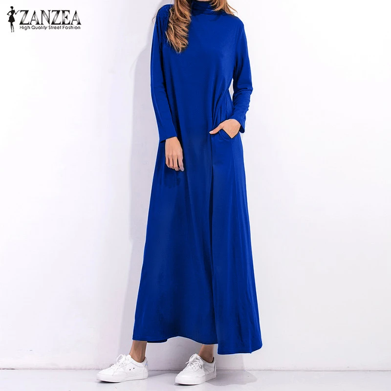 ZANZEA женское Макси длинное платье осеннее Ovei размер d Водолазка с длинным рукавом однотонное повседневное свободное платье размера плюс Vestidos S-5XL - Цвет: Blue