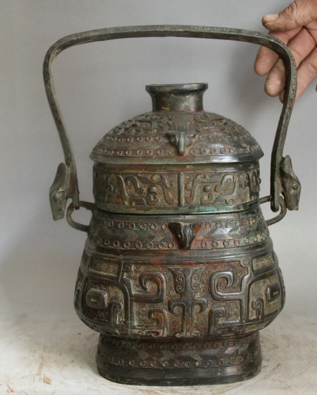 

Elegant old S2098 14" Old Chinese Bronze Folk Beast Head portable food vessel kettle Pot Jar Crock statue