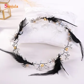 

2019 Evening Party Head Accessories Pearls Crystals Headband With Black Feathers Women Decoration For Head T101
