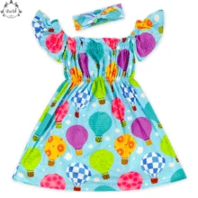 

2018 New Girls Clothes Summer Colorful Balloon Print Off Shoulder Chic Girls Summer Clothing with Headband