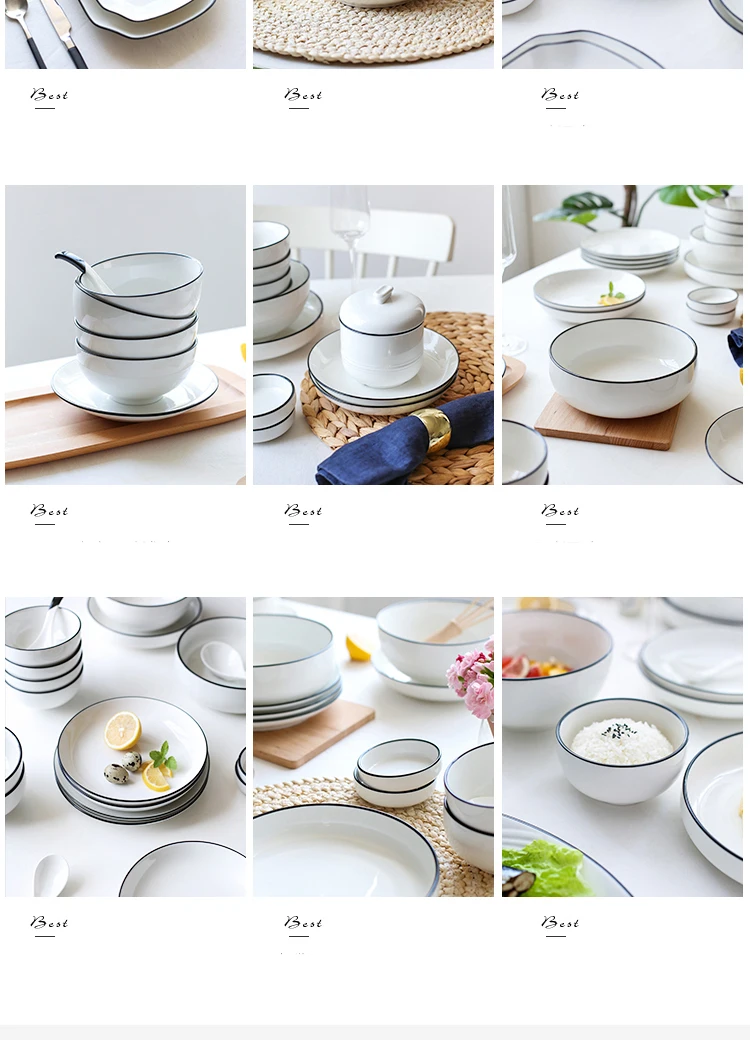 Antowall Nordic Керамика набор посуды 2/4/6/8/12 человек простой черный край линии белой посуды с переводным рисунком в комплекте для тарелочной чаши посудомоечная машина