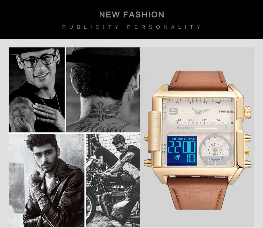 Mens Watches Top Brand Luxury BOAMIGO Wrist Watches for Men Sport Leather Band Military Chronograph Digital Watch Rectangle Case (31)