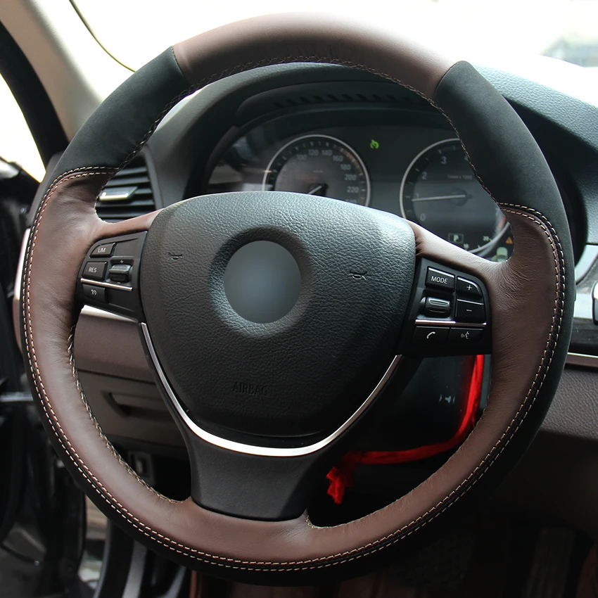 cheap Hand sewing custom Black Suede Coffee Leather Car Steering Wheel Cover for BMW F10 2014 520i 528i 2013 2014 730Li 740Li