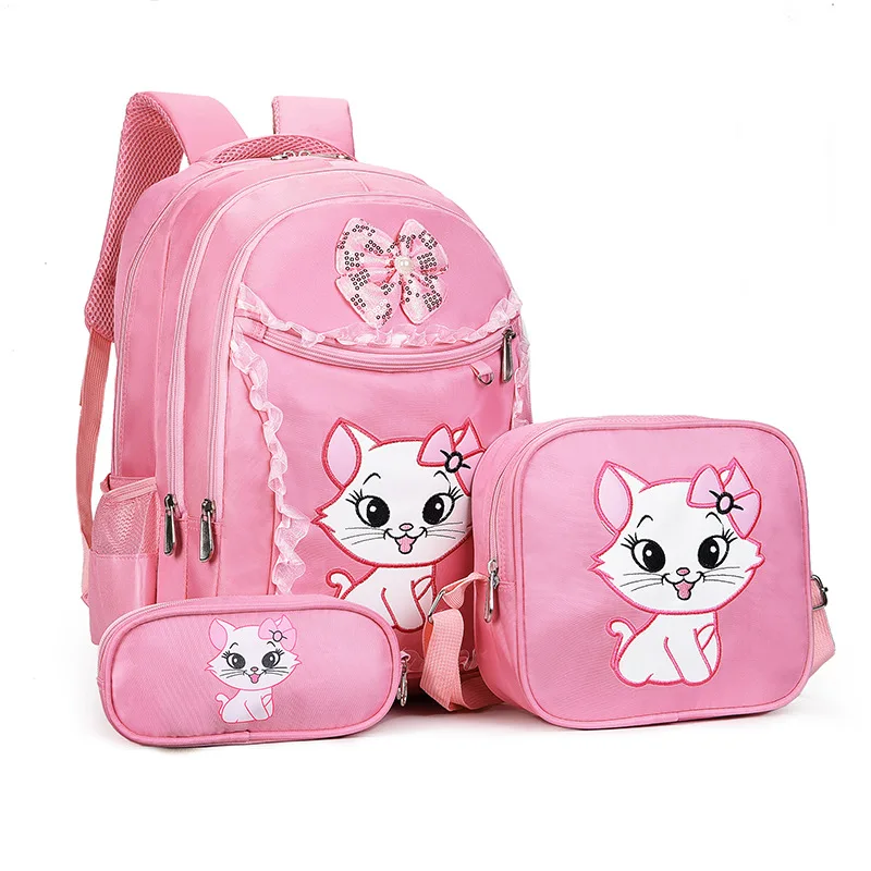 

3pcs/lot Disney cartoon children's backpack+pencil bag+shoulder primary school bag girl cat large capacity embroidery backpack