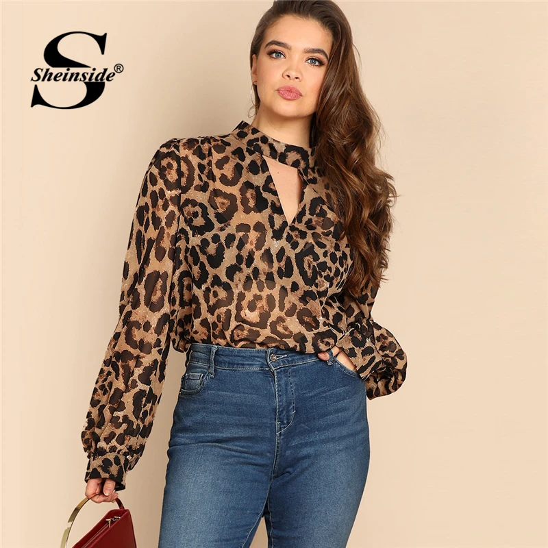 Sheinside زائد حجم المختنق الرقبة شبه شير ليوبارد بلوزة طويلة الأكمام أعلى الإناث الخريف قمصان عارضة إمرأة قمم و البلوزات
