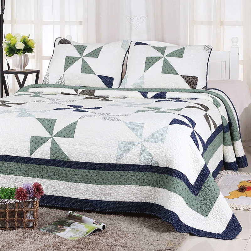 Blue Embroidery cotton Printed Quilting Quilts 3pcs Set Quality