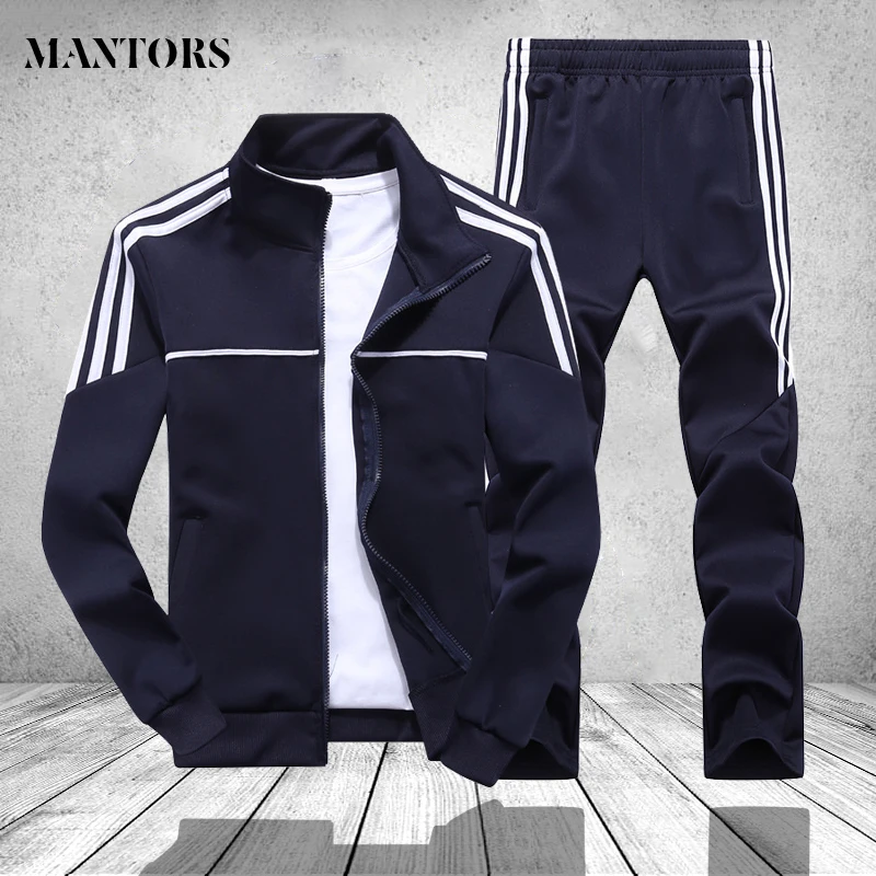 

2019 Men Sportswear Set Autumn Winter Zipper Striped Sweatshirt Tops Sweatpants 2 Pcs Casual Tracksuit Male Sporting Jogger Sets