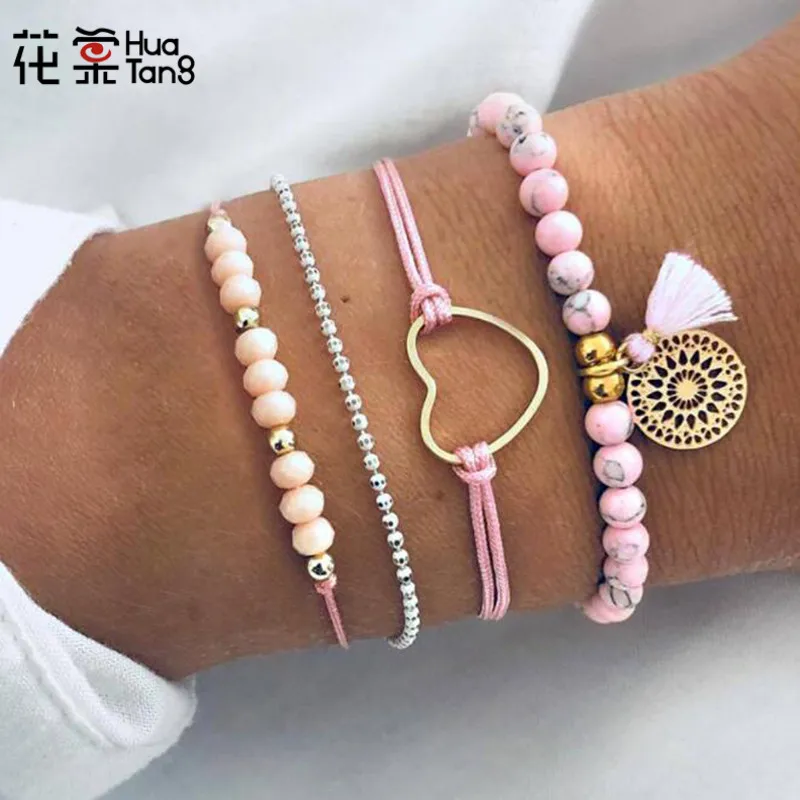 

HuaTang Boho Pink Beaded Heart Bracelet Set for Women Multi-layer Adjustable Rope Tassel Pendant Bracelet Jewelry Pulseiras 5847