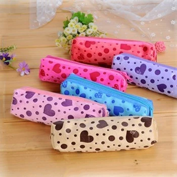 

Candy Colors Make Up Bag Cosmetic Case Dot Heart Printed Velvet Cosmetic Bags Long Makeup Bag Case Girl Female Zipper Pencil Bag
