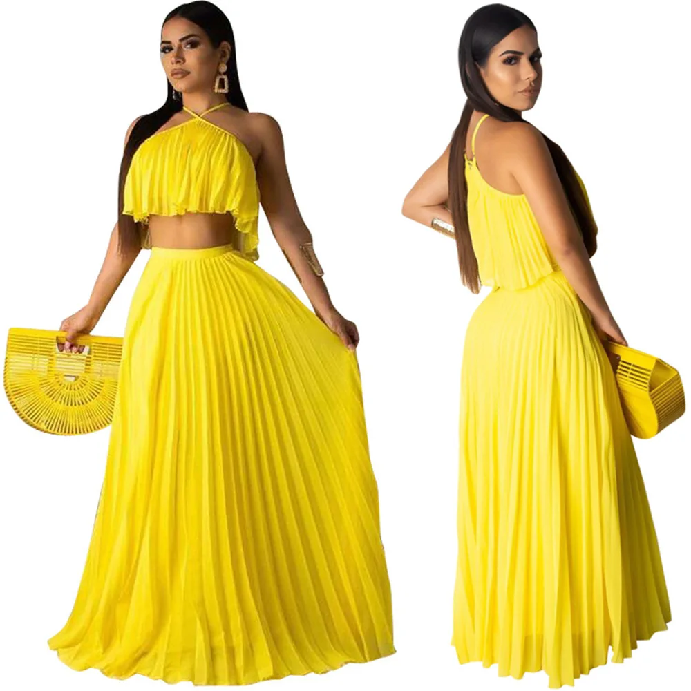 

New Slinged Pleated Open Back Navel Chiffon Shirt. Floor-length A-line Pleated Skirt Double-layer Fabric Fashion Skirt Two-piece
