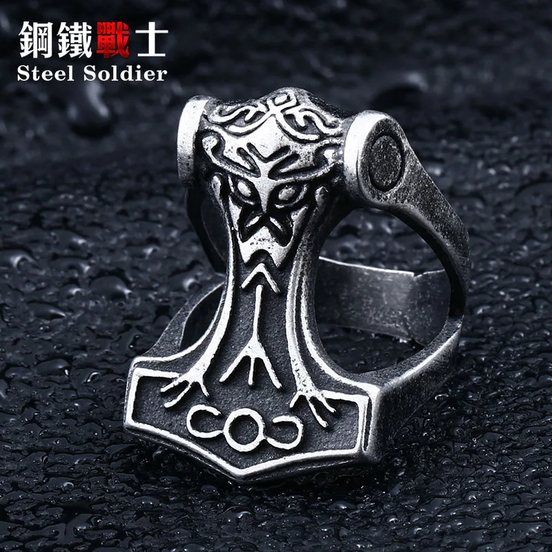 

Steel soldier vivking ring men 316l stainless steel nordic accessories hammer of thor jewelry display