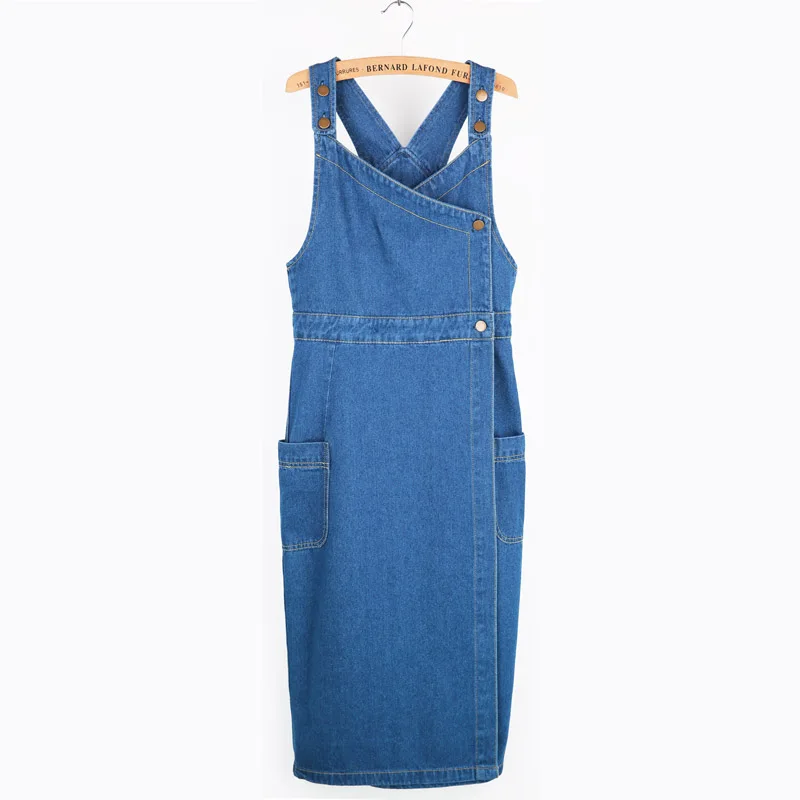 

PERHAPS U denim blue v neck button knee length pencil high street sexy split strap sleeveless jeans summer pocket dress D0209