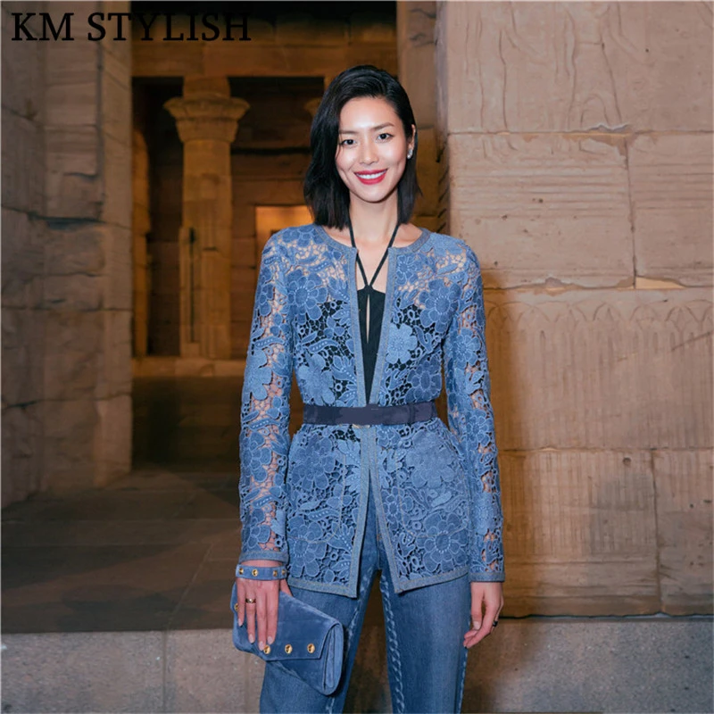 2019 Early Spring Lady New Blue Long Sleeve Openwork Lace Cardigan Trench Temperament Women Medium Long Sleeve Trench With Belt 2019 Early Spring Lady New Blue Long Sleeve Openwork Lace Cardigan Trench Temperament Women Medium Long Sleeve Trench With Belt