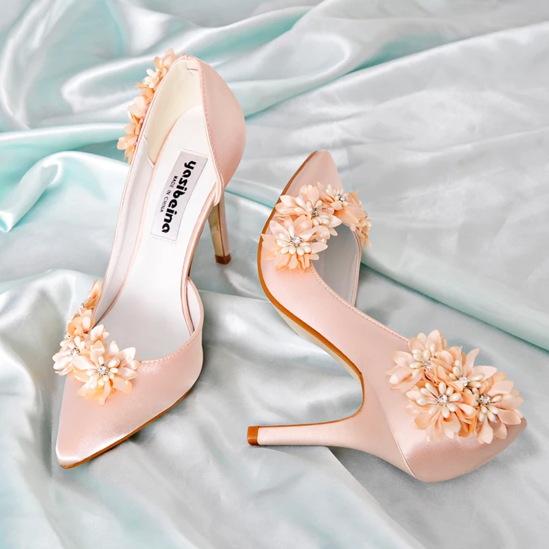 Сладкие цвета шампанского Свадебные торжественное платье обувь в стиле д 'Орсе Обувь на высоком каблуке 3D цветы; дамские туфли-лодочки с острым носком из сатина для выпускного, коктейльной вечеринки обуви