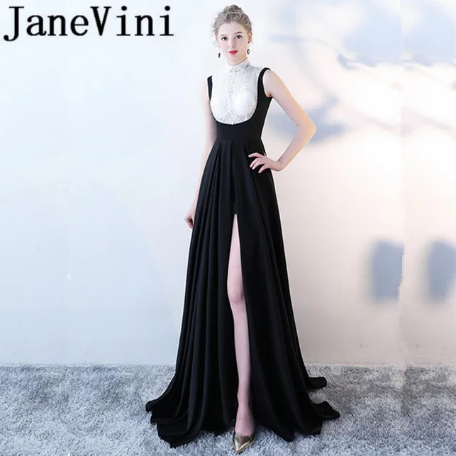 JaneVini 2018 пайетки Бусы Онлайн Длинные платья невесты атласные Высокая шея спинки развертки Поезд халат Longue Demoiselle D'honneur