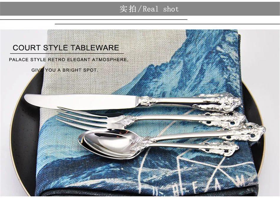 Dinnerware Set Stainless Steel Cutlery Set Silver Embossed Hollow Knife Fork Tableware Cutleries European Western Food Set 4 Pcs (4)