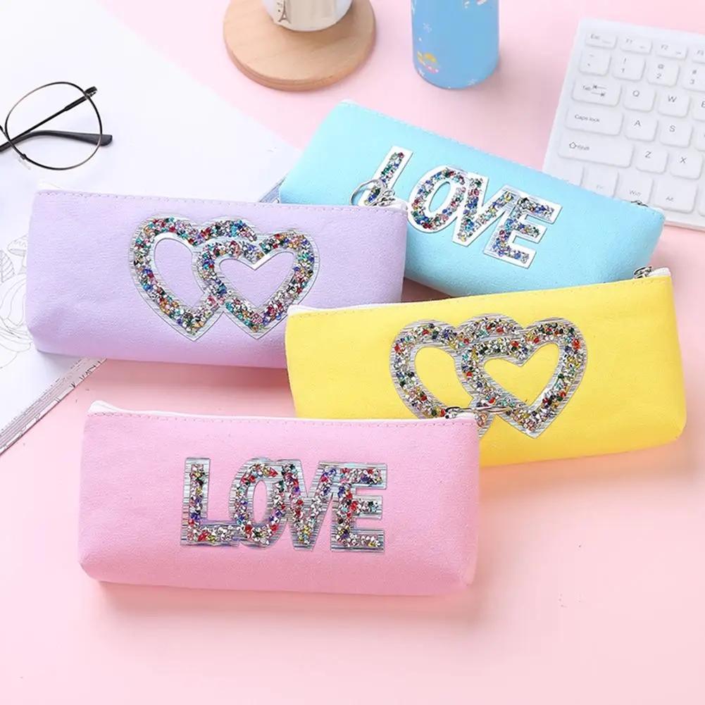 

Stylish Shiny Sequin Love Heart Design Rhinestone Laser Canvas Pencil Case Stationery Storage Zipper Bag
