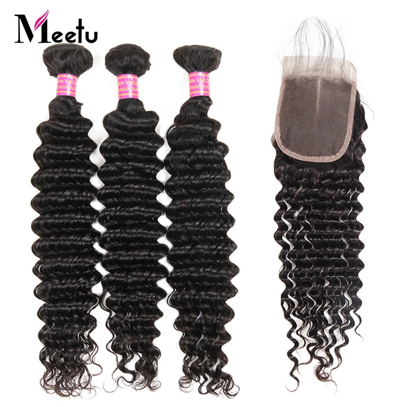 

Meetu Hair Indian Human Hair Bundles With Closure Non Remy Hair Lace Closure With 3 Bundles Deep Wave Bundles With Closure