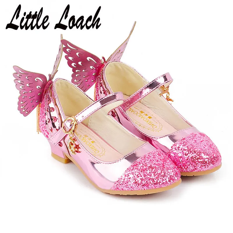 

Girls High Heel Leather Shoes Sequins Wing Design Fashion Princess Dress Shoes Party Dancing Wedding Bling Shoes Size 26-37