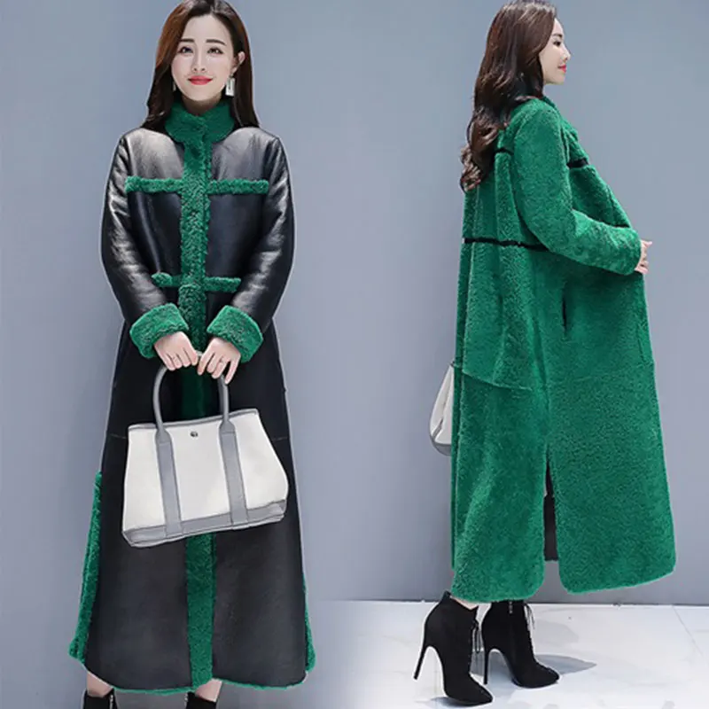 

Sheep Shearling Faux fur Coats 2019 X- Long Warm Women's Fur Coat Female Plus size Winter Jacket Women Real Wool Overcoat 868