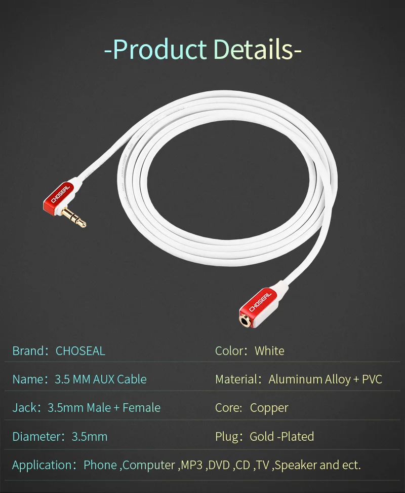 Choseal 3.5mm AUX Stereo Cable Male to Female  Audio 3.5mm Jack Cable for Headphone Phone Car MP3 MP4 Player