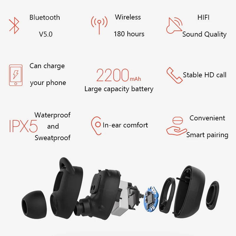 HAVIT Bluetooth Earphone V5.0 TWS Mini Wireless Earbuds In-ear Sport IPX5 Waterproof with 2200mAh Box Rechargeable Headset I93