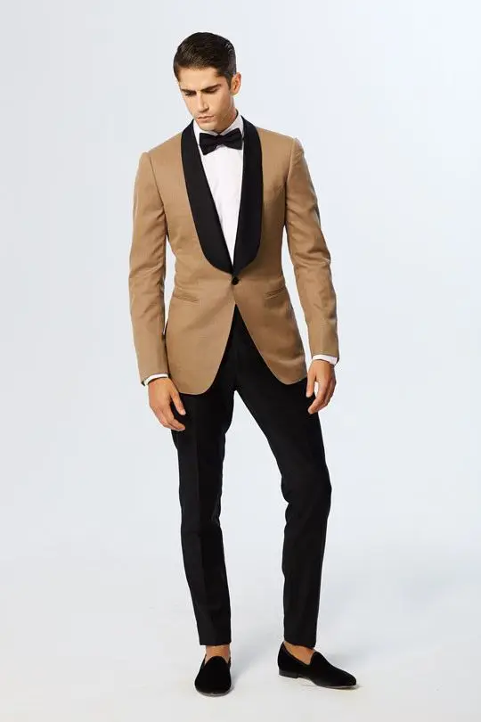 2017 Latest Coat Pant Designs Gold Shawl Lapel Slim Fit Men Suit 2 Piece Blazer Custom Stylish 