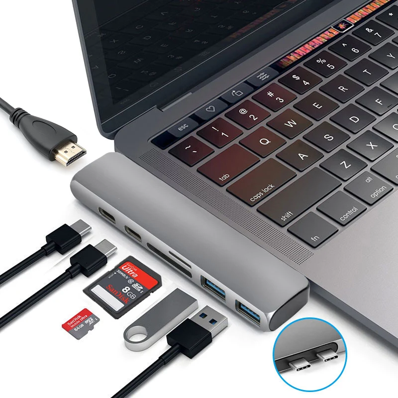 

7 in1 USB-C Hub Dual Type-C HUB To HDMI Adapter 4K HD SD TRF PD Reader Hub PC Accessories & Parts For Macbook Pro