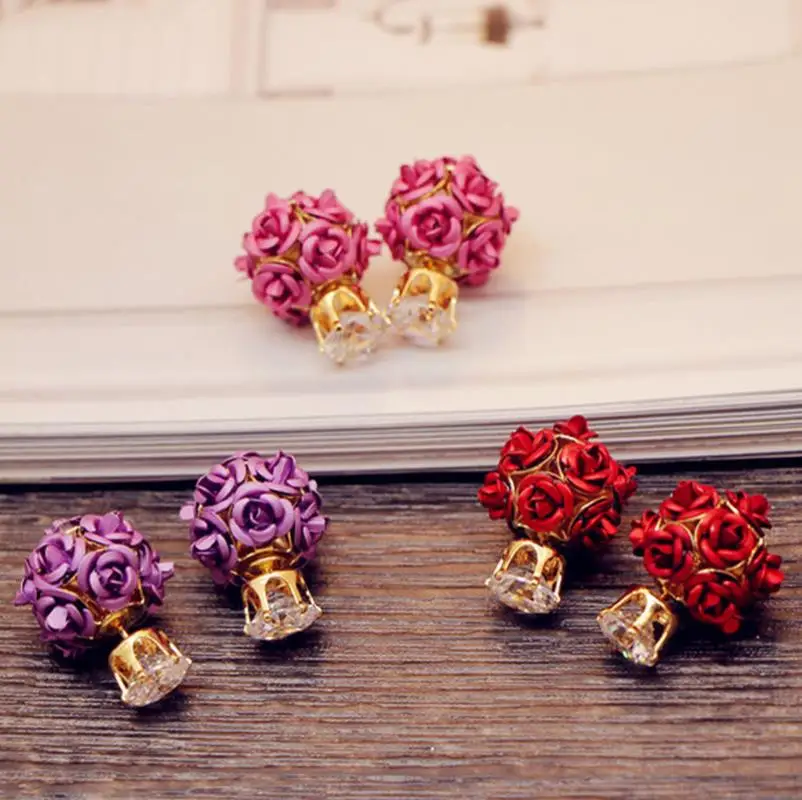 Shellhard Crystal Earring Femme Brincos Elegant Womens Double Sided Rose Flower Stud Earrings Fashion Jewelry Gift