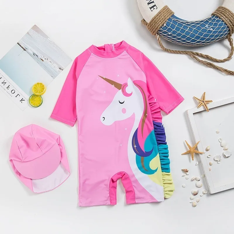 Новые розовые детские купальные костюмы Ins, купальные костюмы для маленьких девочек, купальный костюм, купальный костюм, детская солнцезащитная Кепка с защитой от УФ-лучей