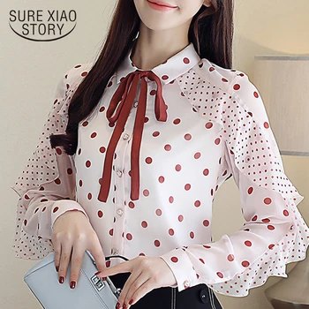 

Spring 2019 New Fashion dots dotted with ruffles Bow women chiffon Shirt Slim Fit Shirt Women's Long Sleeve women blouse 2195 50