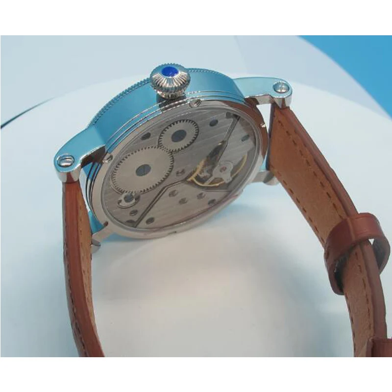 Мужские наручные часы Parnis PVD чехол синие руки белый циферблат черный кожаный