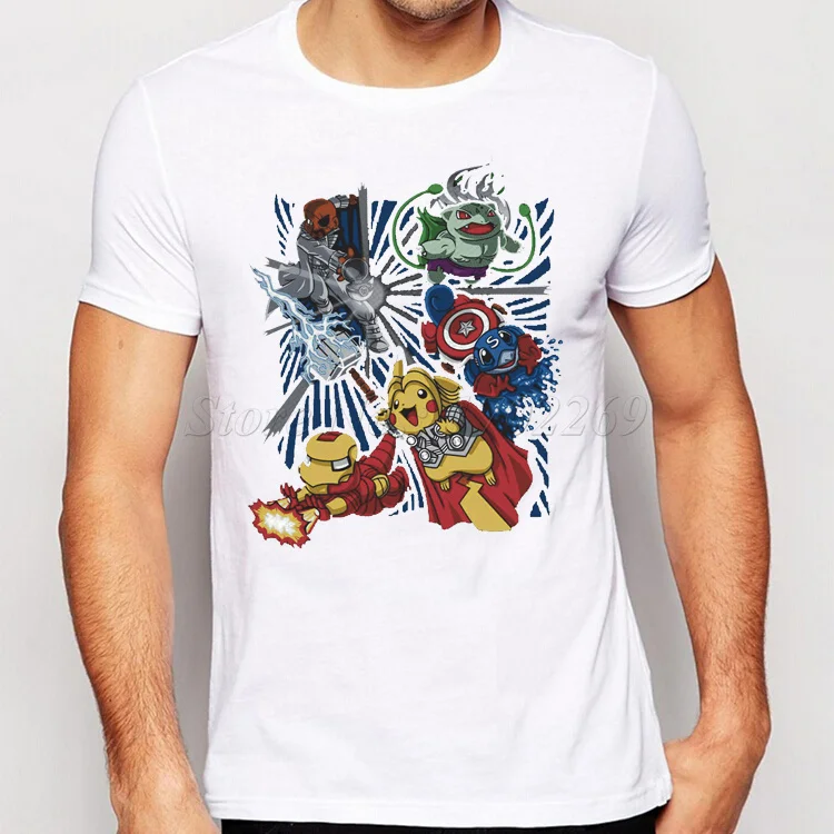 

2018 New Arrivals Hot Sale Superman Cartoon Printed Men T-shirt Picachu The Avengers Characters Design Male Tops Hispter Tee